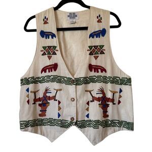 Vintage D.D Designs Ivory Cotton Embroidered Art To Wear Southwestern Vest Sz S